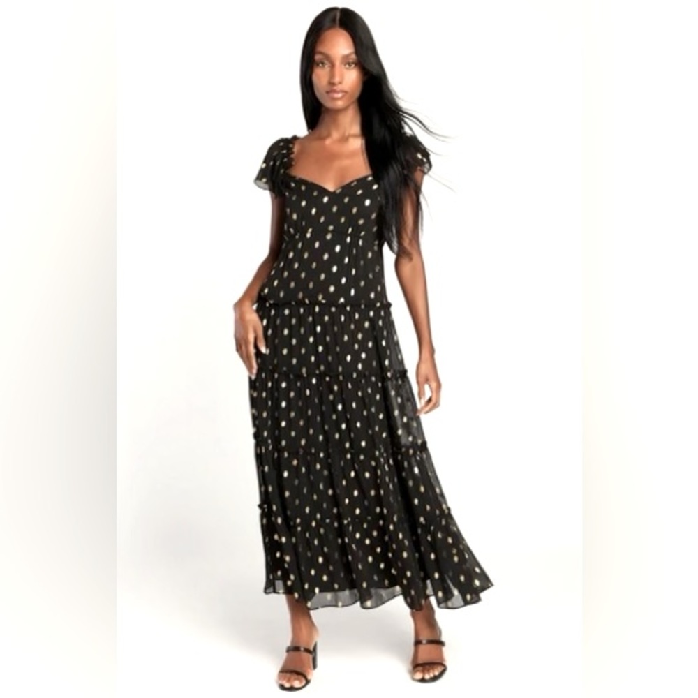 Lulus Drops of Sunshine Black Polka Dot Ruffle Tiered Maxi Dress, NWT, Large